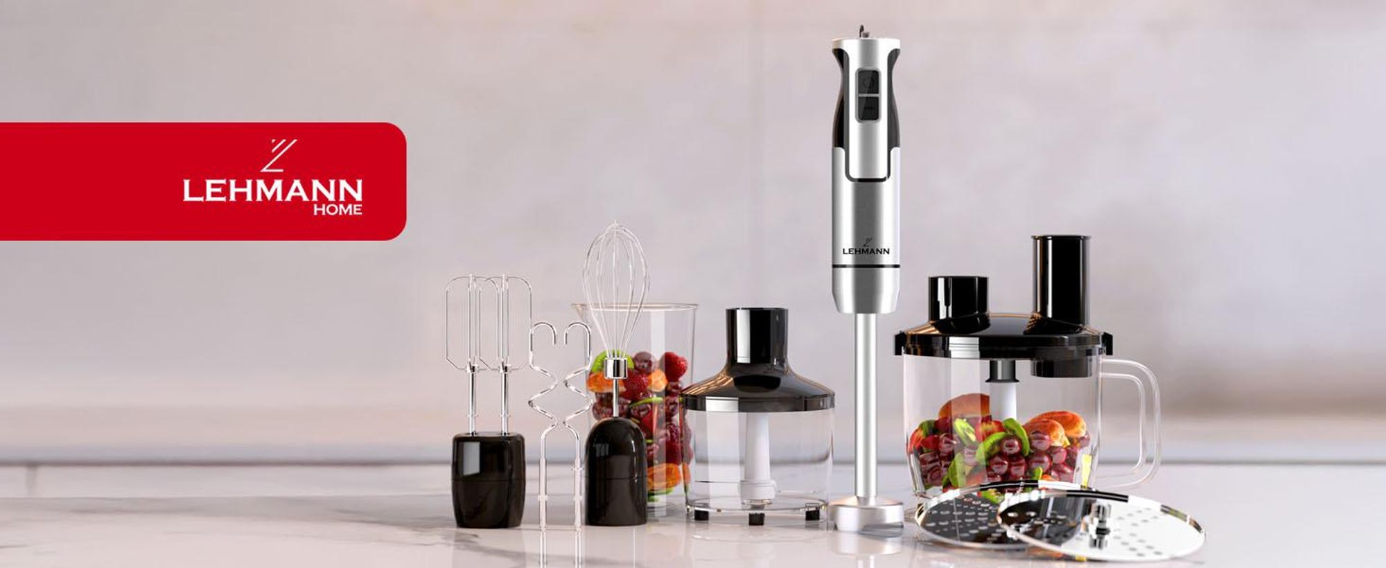 LEHMANN 9in1 Stabmixer Set en Acier Inoxydable, 1200W, Turbofunktion und Geschwindigkeitsregelung