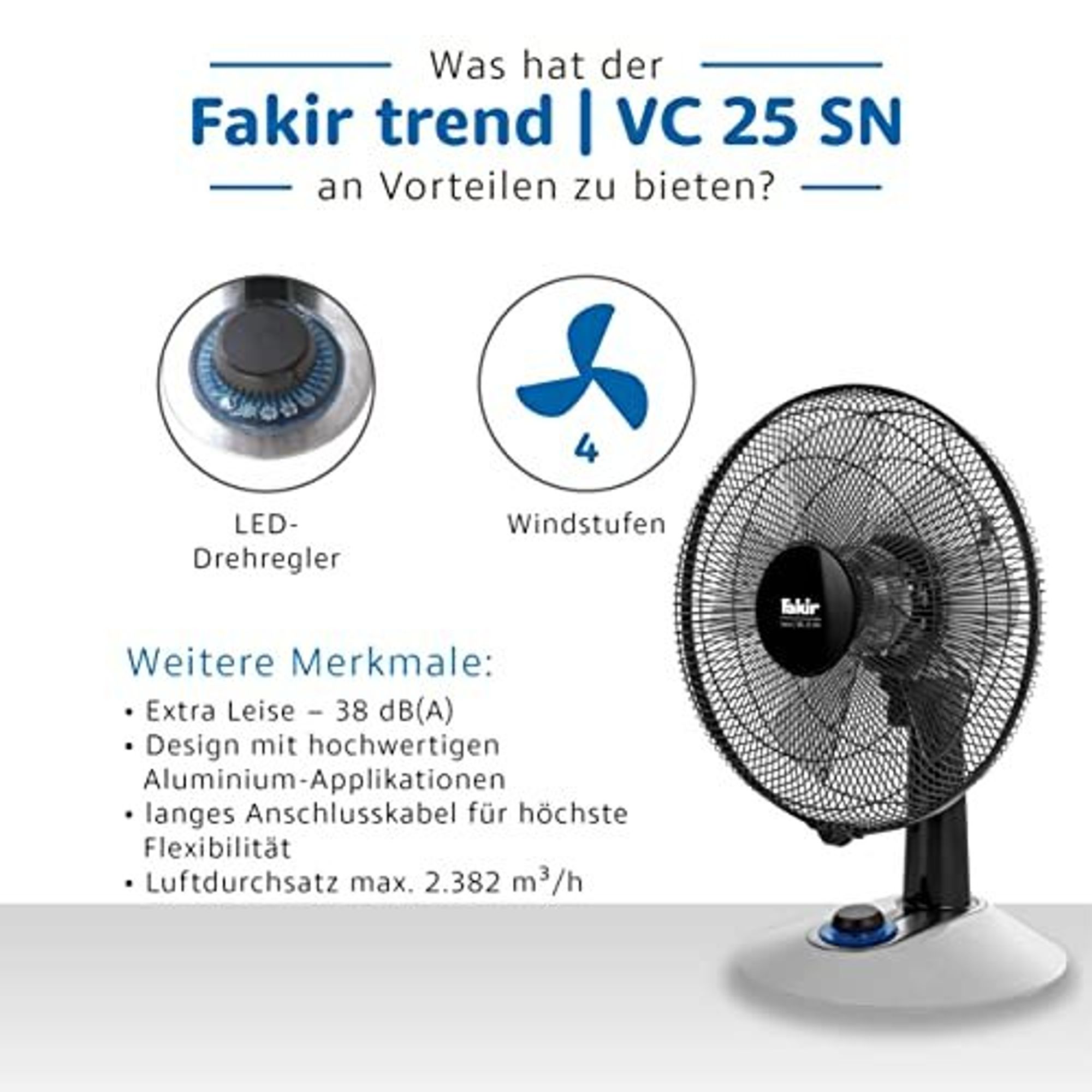 Fakir trend VC 25 N – Ventilator mit 90° Oszillation, 4 Leistungsstufen & LED-Schalter, Leise, Kompakt, Stromsparend, Büroventilator, Tischventilator