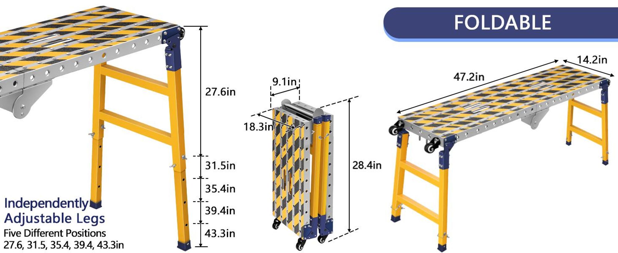 Klappbare Arbeitsplattform Höhe Verstellbar 70–110cm Max.500kg mit Rollen, Rutschfest Gerüstleiter Schweißtisch Arbeitsbühne für Haus & Werkstatt