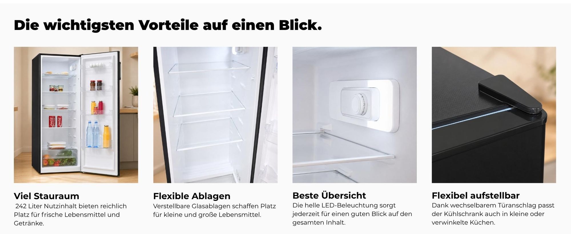 Vollraumkühlschrank | KS5320-V-H-040E schwarz | 242 l Nutzinhalt | LED | Türanschlag wechselbar | 40 dB | Schwarz