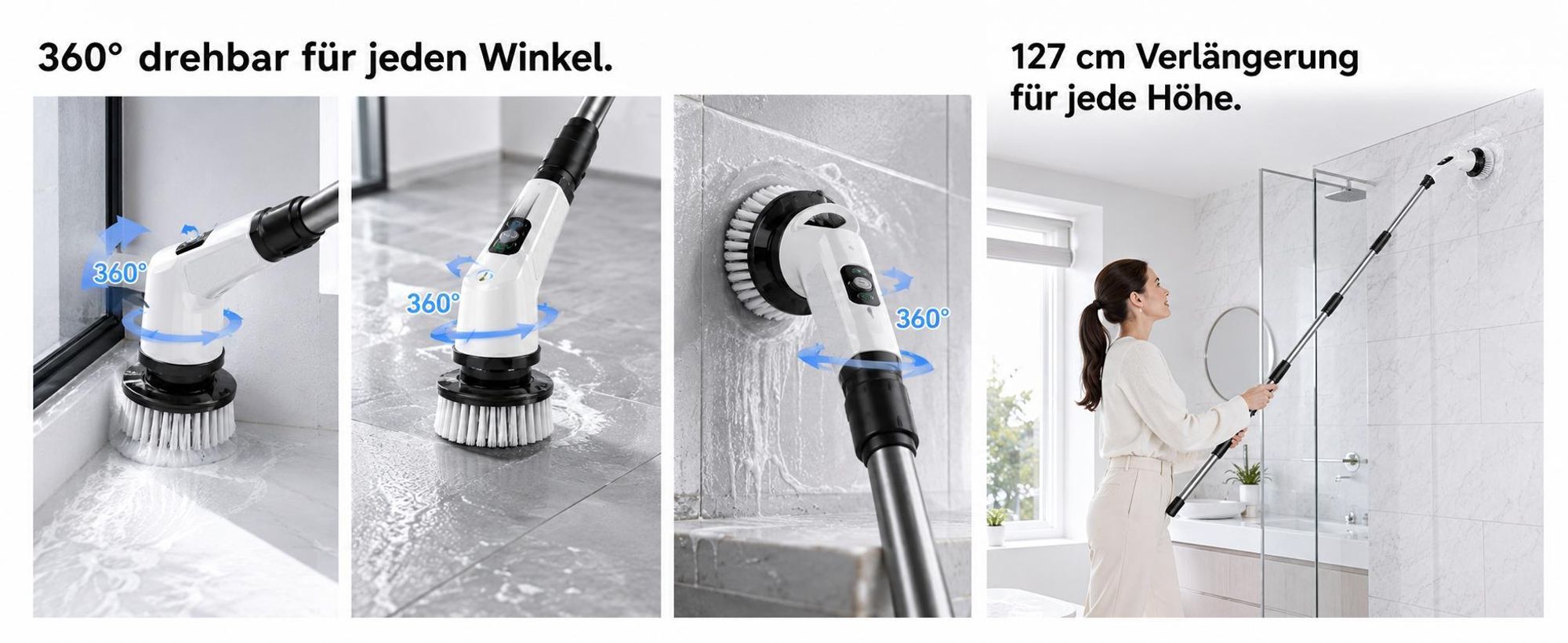 9 in 1 Elektrische Reinigungsbürste Akku 120 Min, 2 Geschwindigkeiten, 360° drehbarer Bürstenkopf, Display, USB-C, für Ecken, Bad, Fensterreinigung