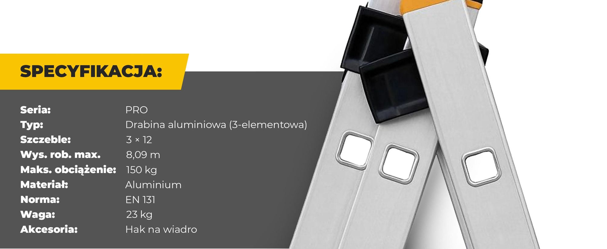 DRABEST | Drabina wielofunkcyjna aluminiowa PRO 3x12 stopni, 3-częściowa, wysokość robocza 8,09 m, maks. obciążenie 150 kg