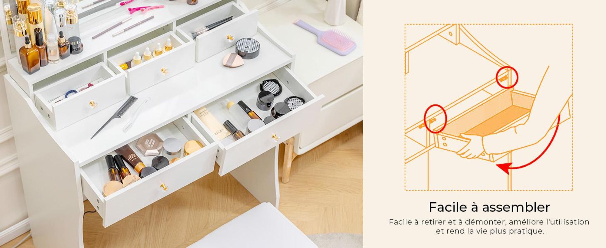 Coiffeuse avec miroir et LED, 5 tiroirs, 80 x 40 x 135 cm avec tabouret prises+lumière LED réglable, blanc