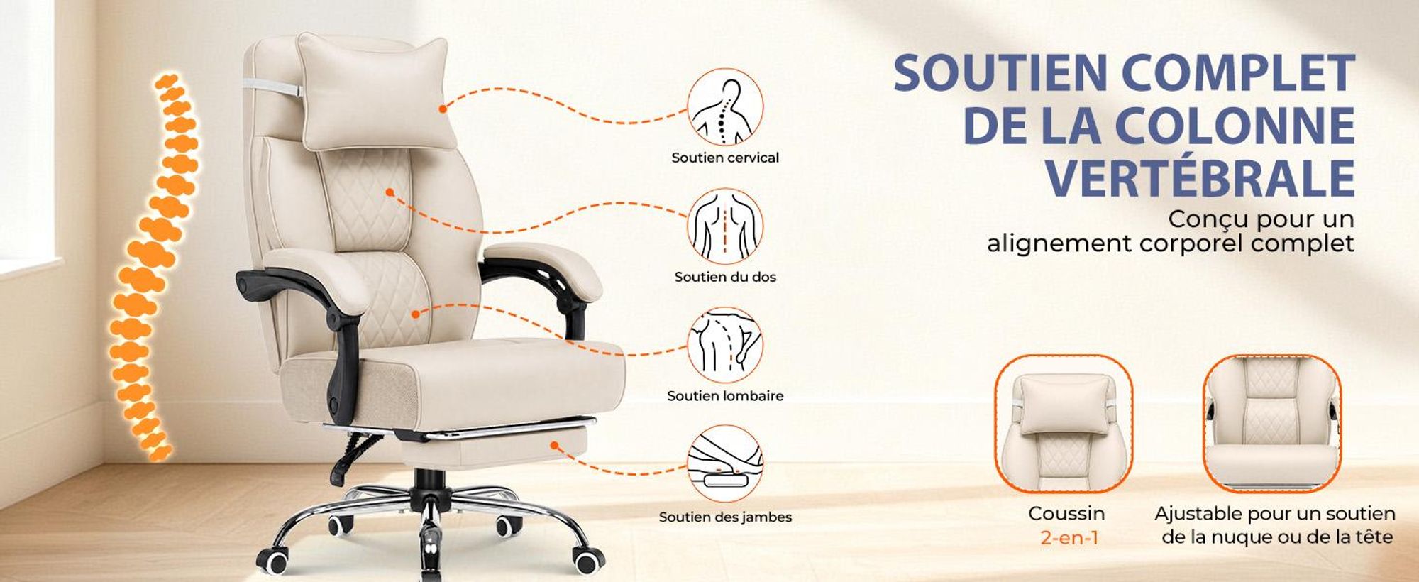 Chaise de gaming GTPLAYER avec repose-pieds, multifonctionnelle, en similicuir, capacité de 130 kg. Chaise de bureau ergonomique avec coussin pour la tête, dossier inclinable de 90° à 135°, assise de 53 cm