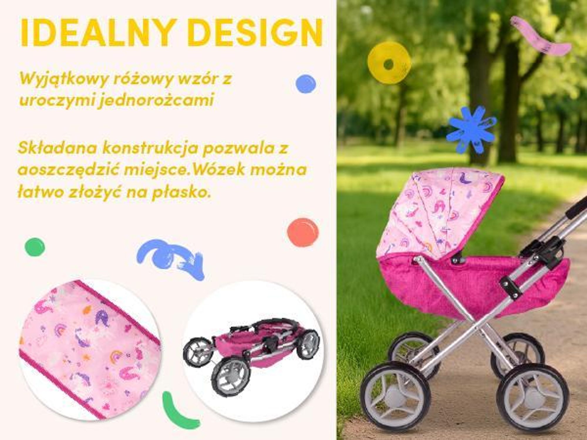 Wózek gondola dla lalek różowa z torbą i motywem jednorożca