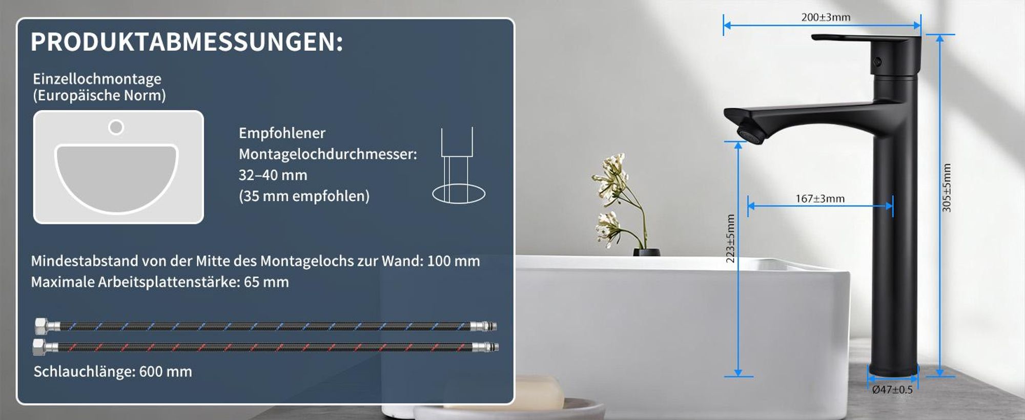 Homelody Wasserhahn Bad Schwarz,Waschtischarmatur Mischbatterie Einhebelmischer für Aufsatzwaschbecken, Ablaufventil mit Pop-up Mechanismus