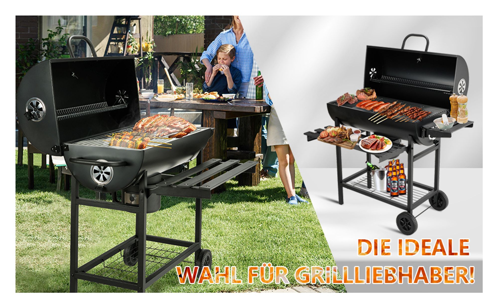 TEENO Grillwagen XXL Holzkohlegrill mit Seitenablage, Deckel, Ascheschublade, Thermometer, Verbrühschutzhandschuhe, groß Kohle BBQ Barbeque