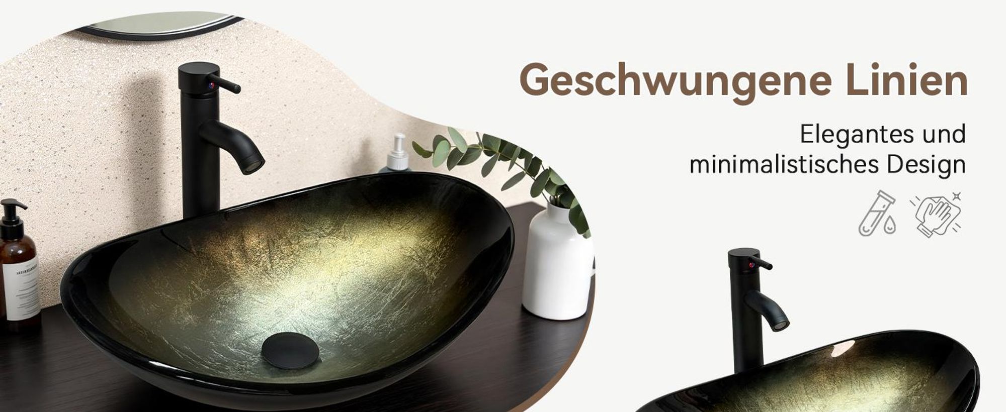 uluomis Waschbecken Glas Aufsatzwaschbecken Waschschale Oval mit Wasserhahn Ablaufgarnitur Schwarz hellgold
