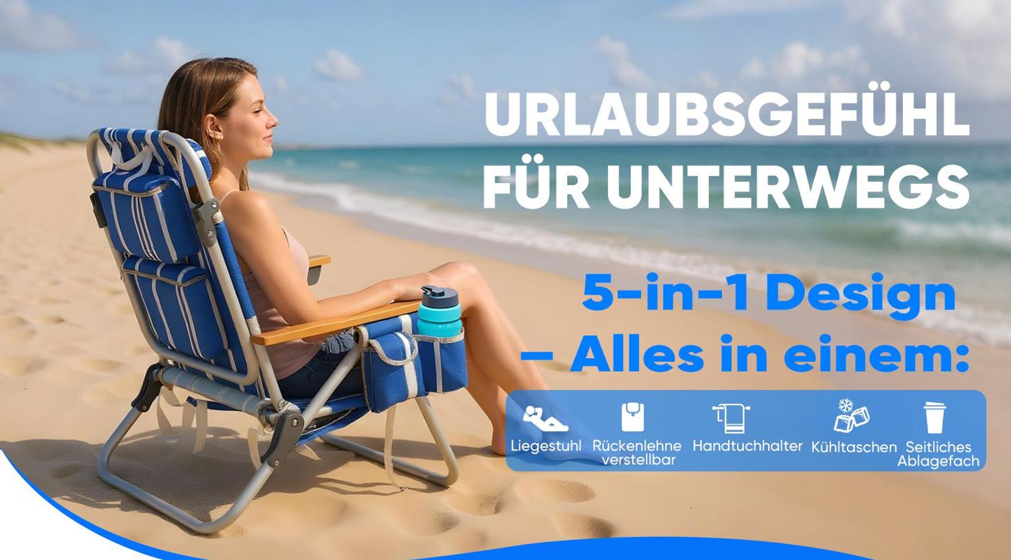 Sekey Strandstuhl Sonnenliege verstellbar Campingstuhl tragbarer Klappstuhl Strandstuhl mit 2 Kühltaschen, Blau