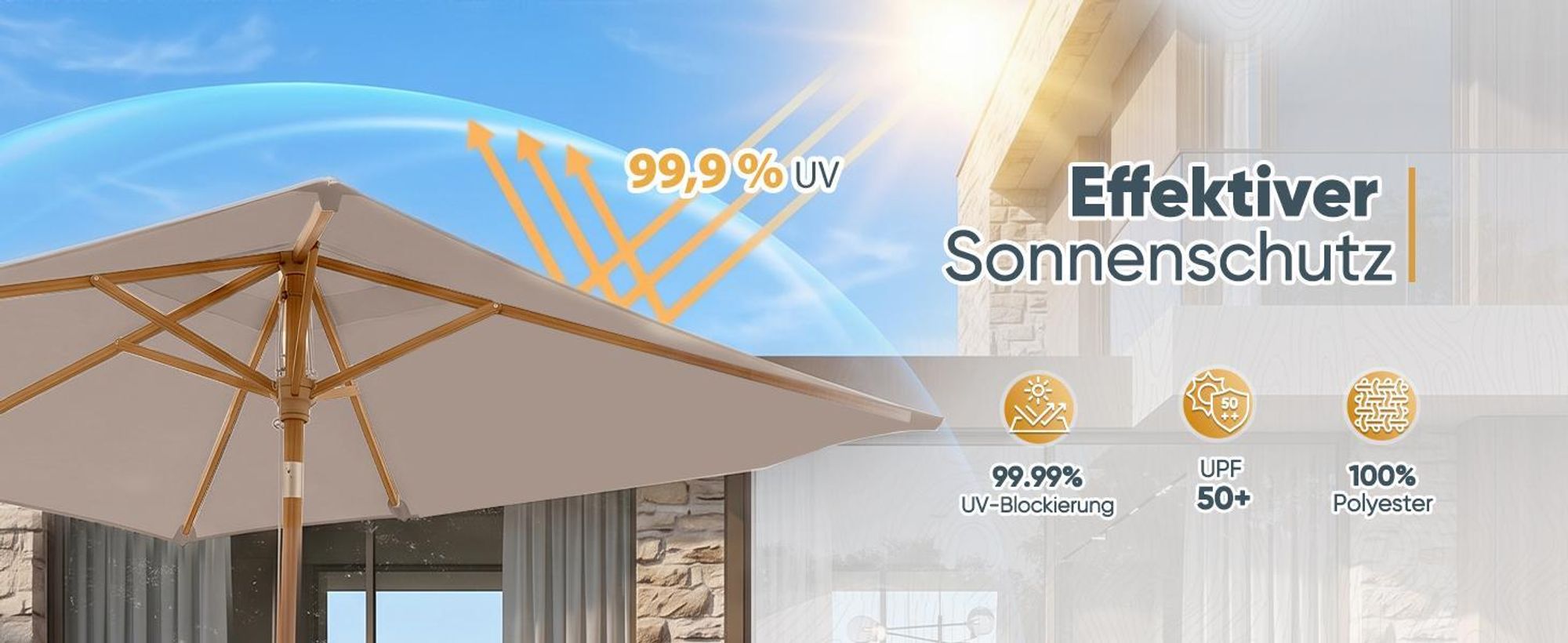 Sekey Rechteckiger Sonnenschirm 200x150 cm Holzoptik, Knickbar, UV-Schutz 50+, Gartenschirm für Balkon und Terrasse, Taupe