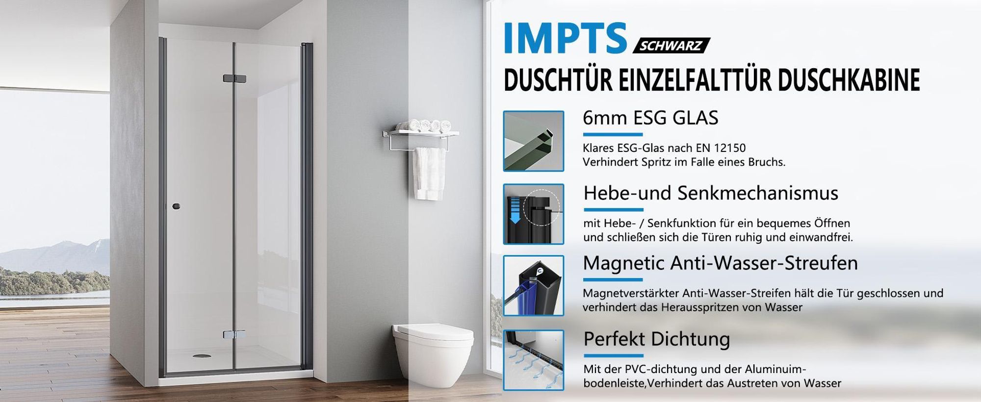 IMPTS Schwarz Nischentür Duschkabine Falttür Duschabtrennung 100cm x 185cm Faltbar Duschwand Eckeinstieg Sicherheitsglas Duschtür Eckdushe Höhe 185cm