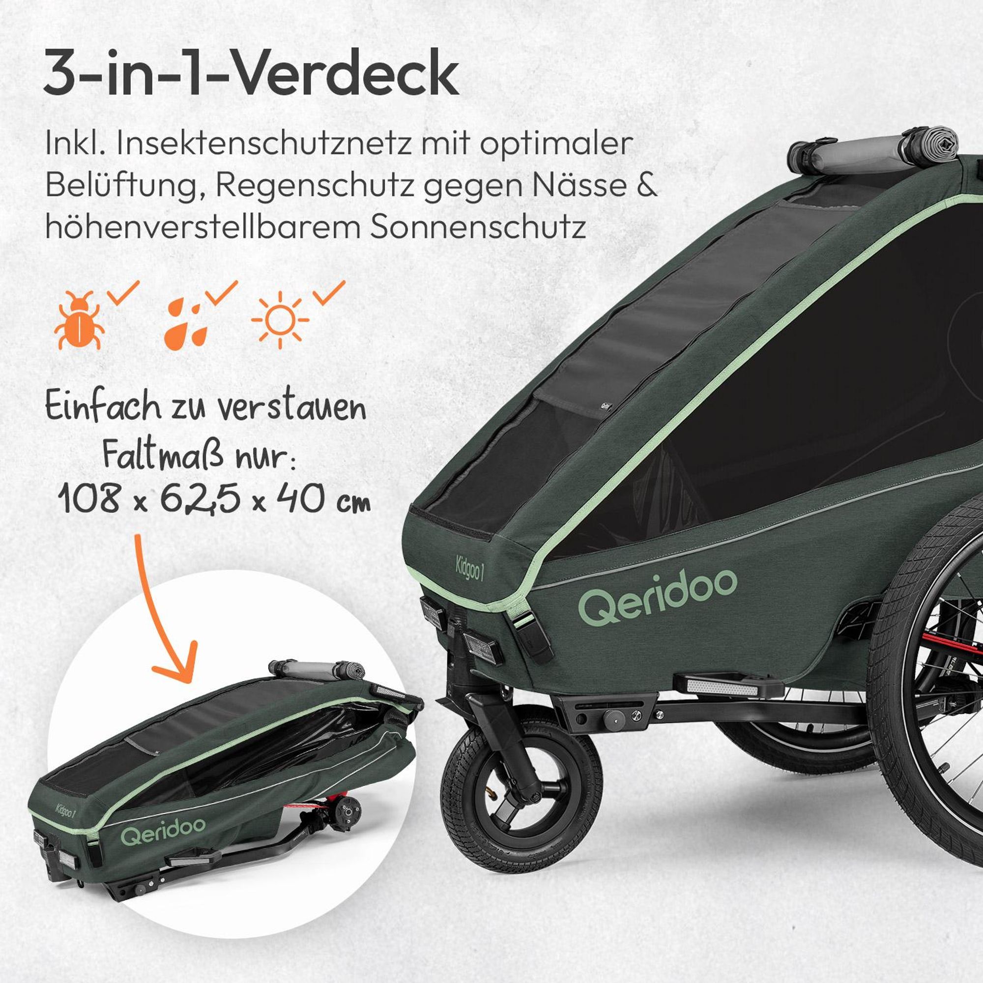 Qeridoo Kidgoo 1 - Kinderfahrradanhänger für 1 Kind, Farbe: Forest Green