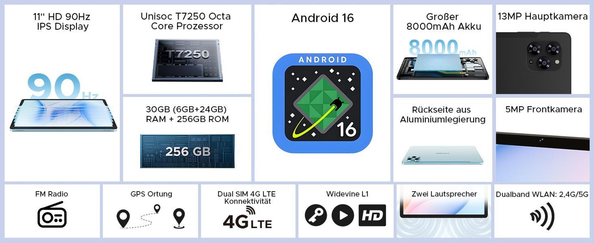 DOOGEE Tab G6 - Tablet ,Android 16, 11 Zoll, 36(6+30)GB+256GB(bis 2TB erweiterbar), 4G LTE, 90Hz,8000mAh,Widevine L1