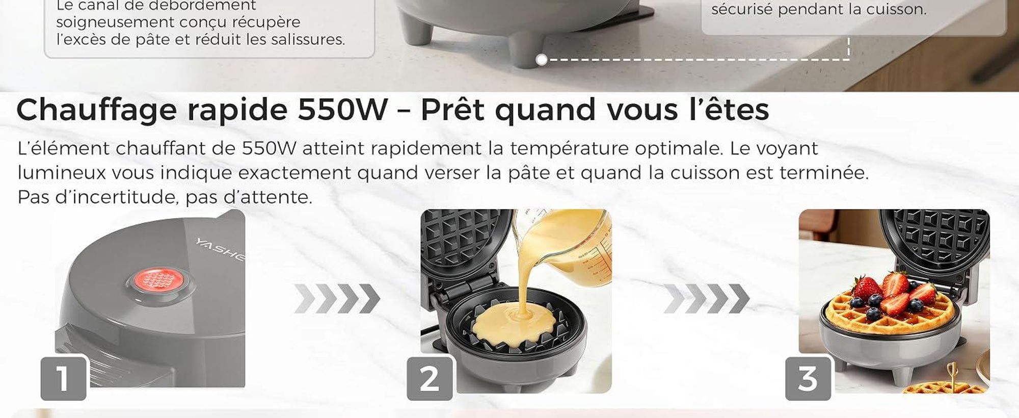 YASHE Mini gaufrier ABW59C, 550 W, plaque 10 cm, antiadhésif, gris