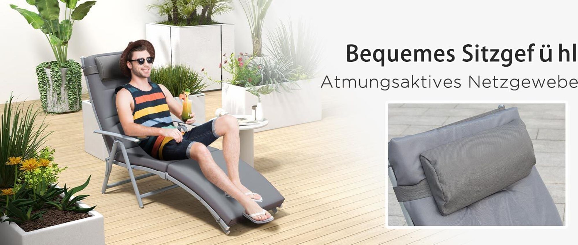 Outsunny Sonnenliege Strandliege Gartenliege Klappbar Verstellbar Metall Grau