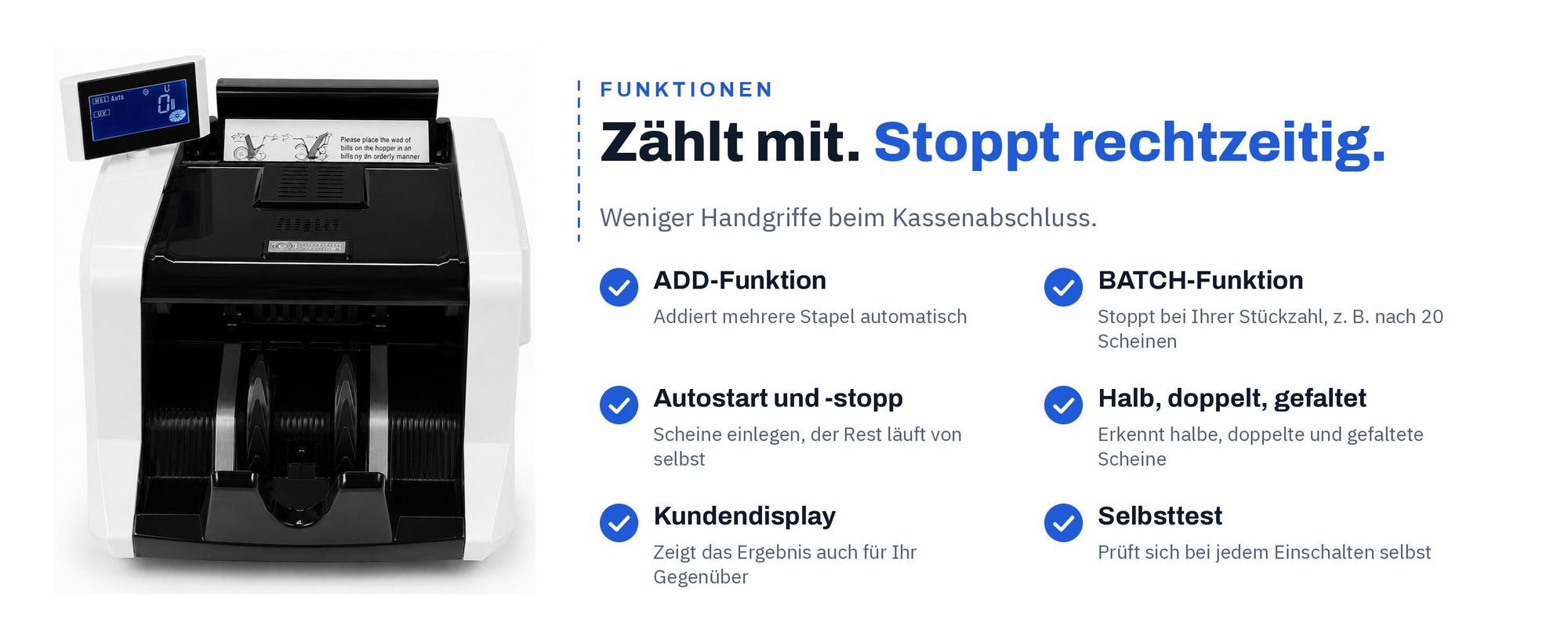 Funktionen SCANNUM 1200-S: ADD, BATCH, Autostart, Kundendisplay und Selbsttest