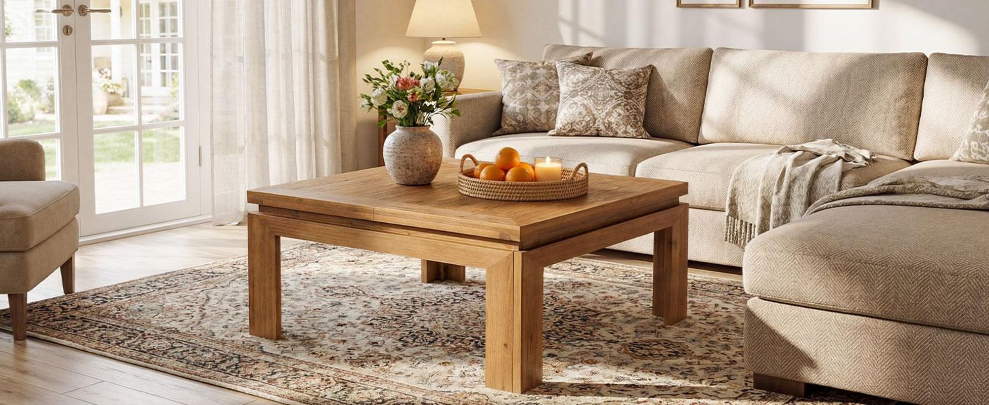 Tribesigns Massivholz Couchtisch 100x100 cm, Quadratischer wohnzimmertisch Holz mit vertieftem Kantendesign, einfache Montage, Wohnzimmer, Naturbraun