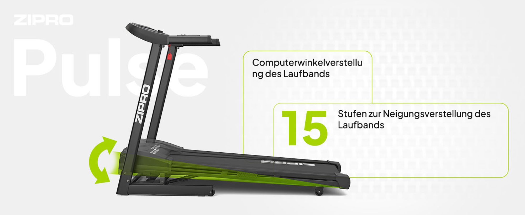 Zipro Laufband Elektrisch Pulse – Mit Automatischer Steigung Belastbar Klappbarer Heimtrainer mit 8-fach Dämpfung Pulsmessung & LED Display Bis 130kg