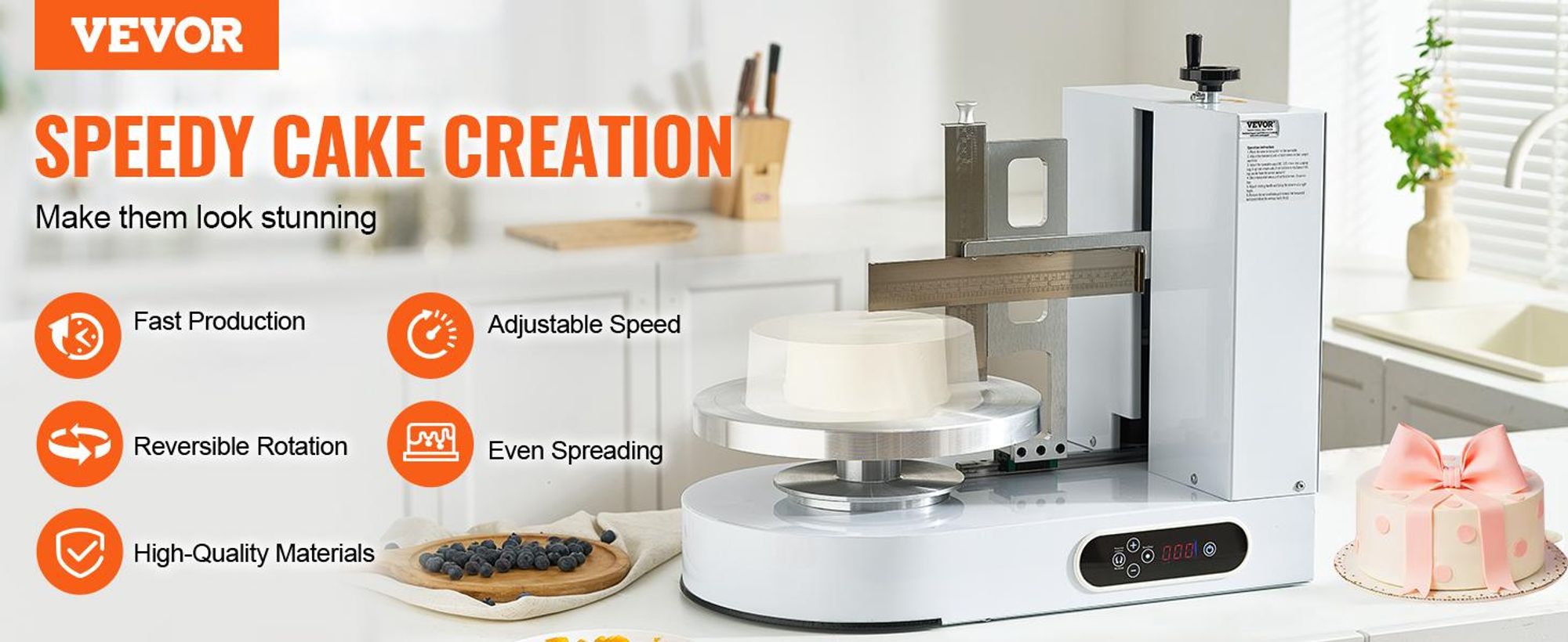 VEVOR Kuchen-Dekorationsmaschine, Kuchencreme-Verteilmaschine, leise Kuchen-Glasurmaschine, Drehteller mit verstellbarem Schaber, für 4" bis 12" Kuchen, 25-320RPM Drehgeschwindigkeit, Weiß, 6-14 in, Weiß-a