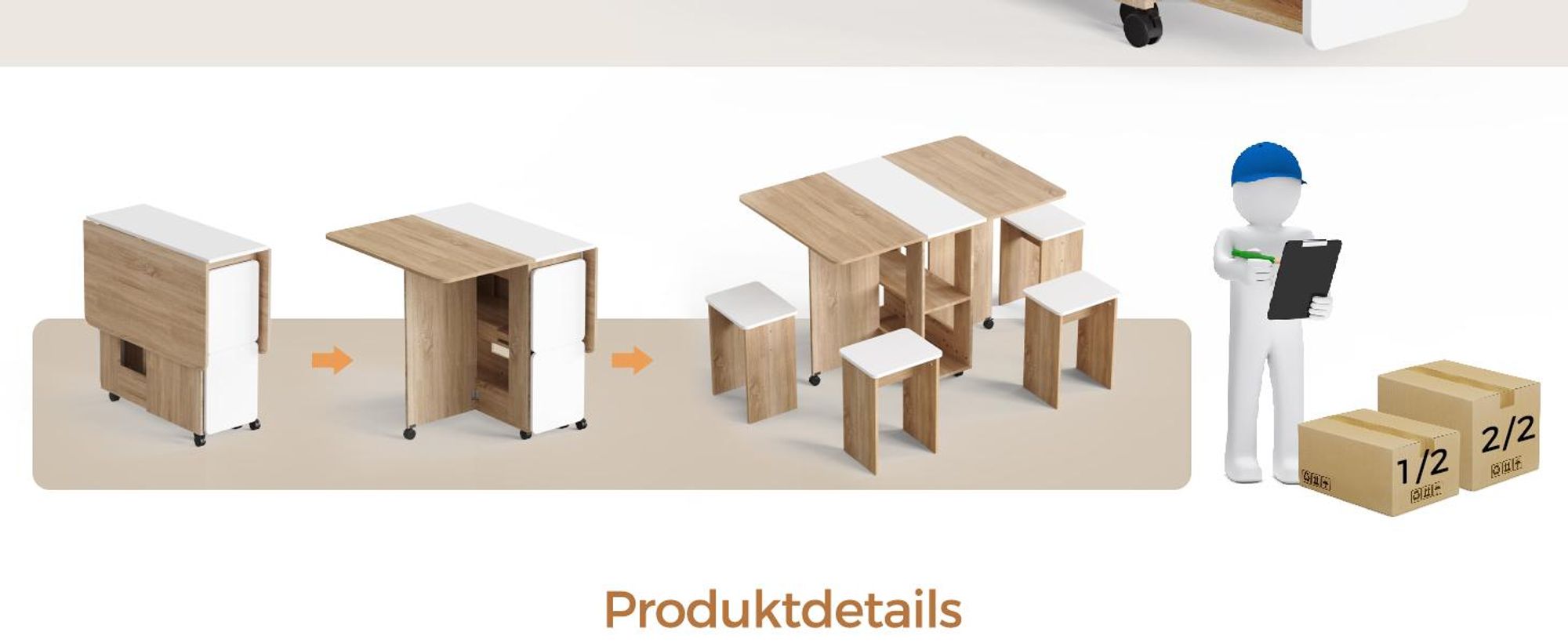 Mondeer Esstisch mit 4 Hockern Platzsparend (120x80→33x80cm), Rollbar mit Bremsen, 3-in-1 Funktion & Schnell Aufgebaut Eiche und Weiß