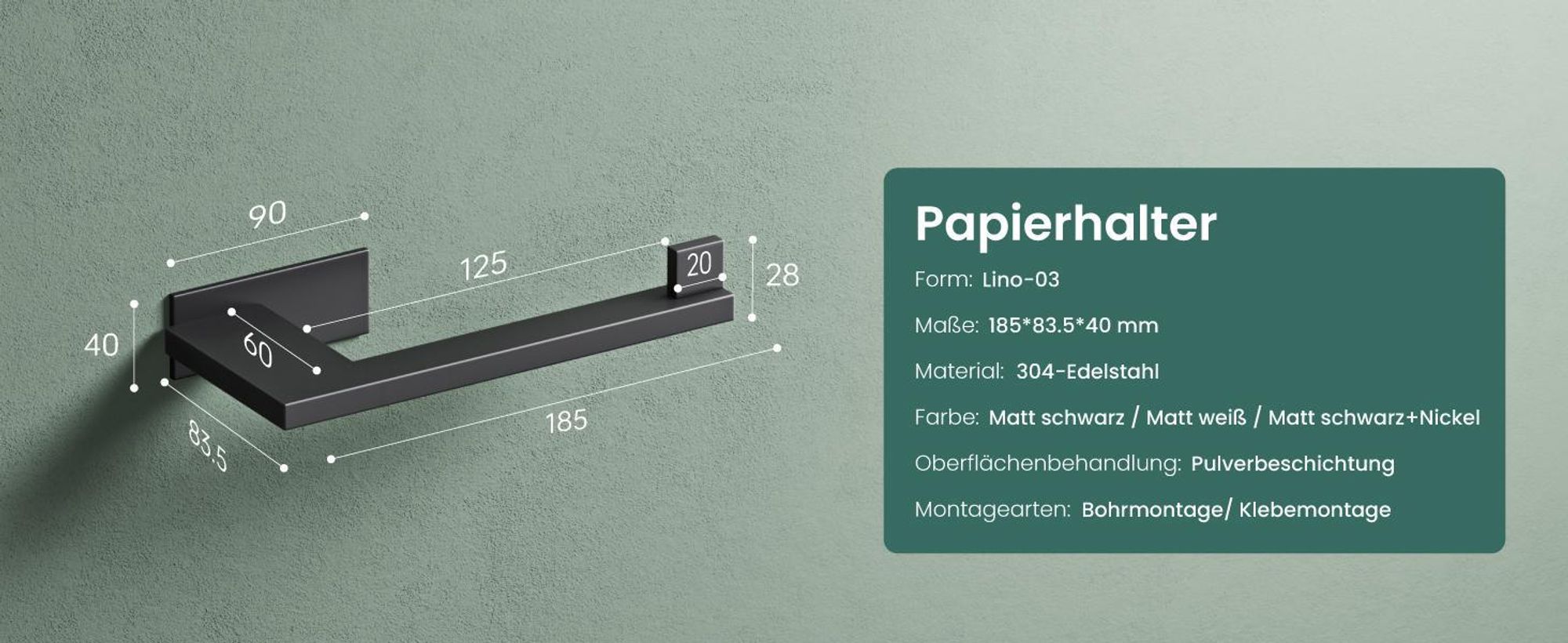 Mai & Mai Toilettenpapierhalter Klopapierhalter WC aus Edelstahl, Toilettenpapier Halterung Rollenhalter Matt weiß 185mm Lino-03