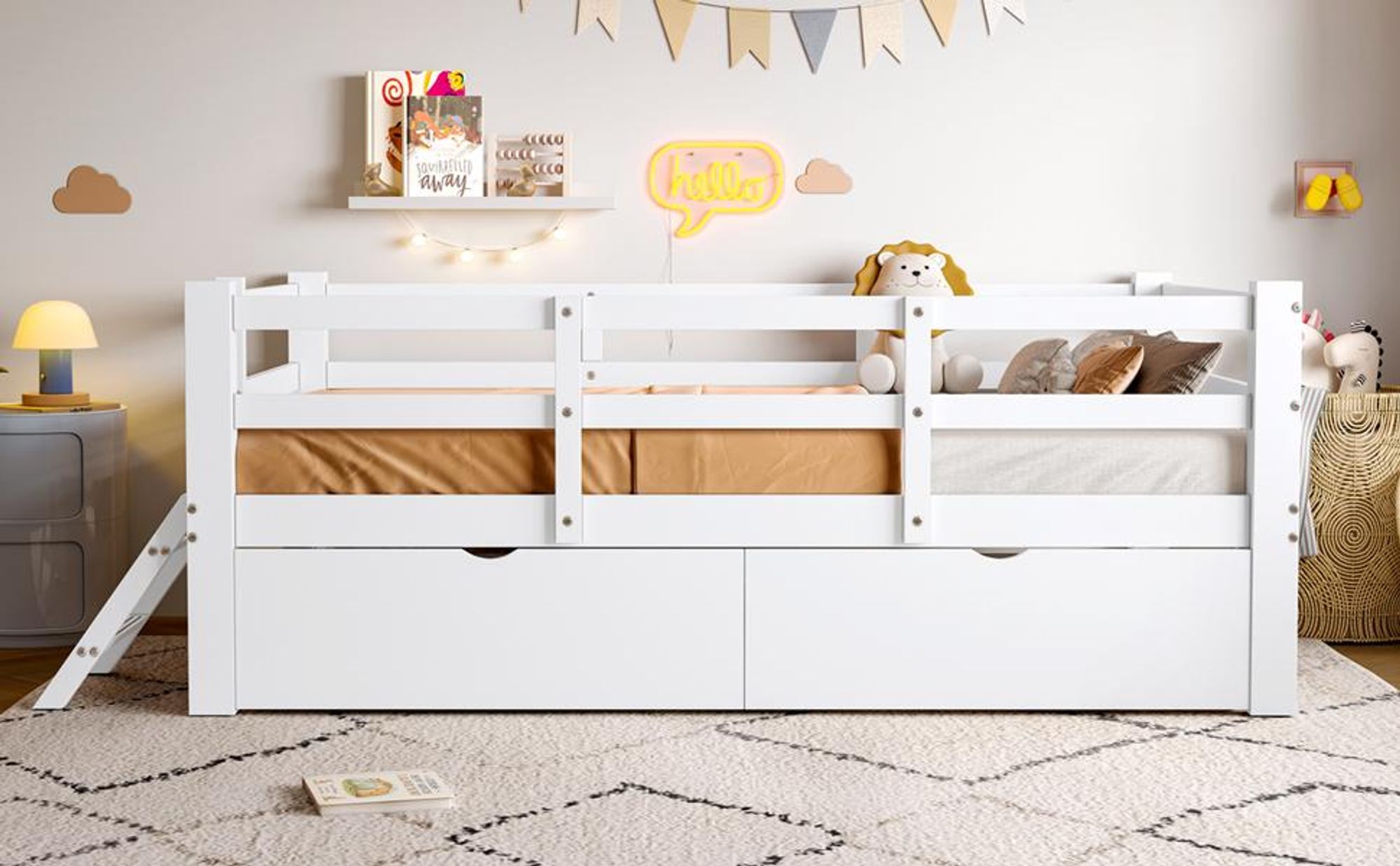Merax Kinderbett Plattformbett 90x200cm, mit Schutzgeländer, 2 Schubladen, kleiner Leiter, Kinderbett aus Kiefernholz, Jugendbett, Holzbett, Weiß