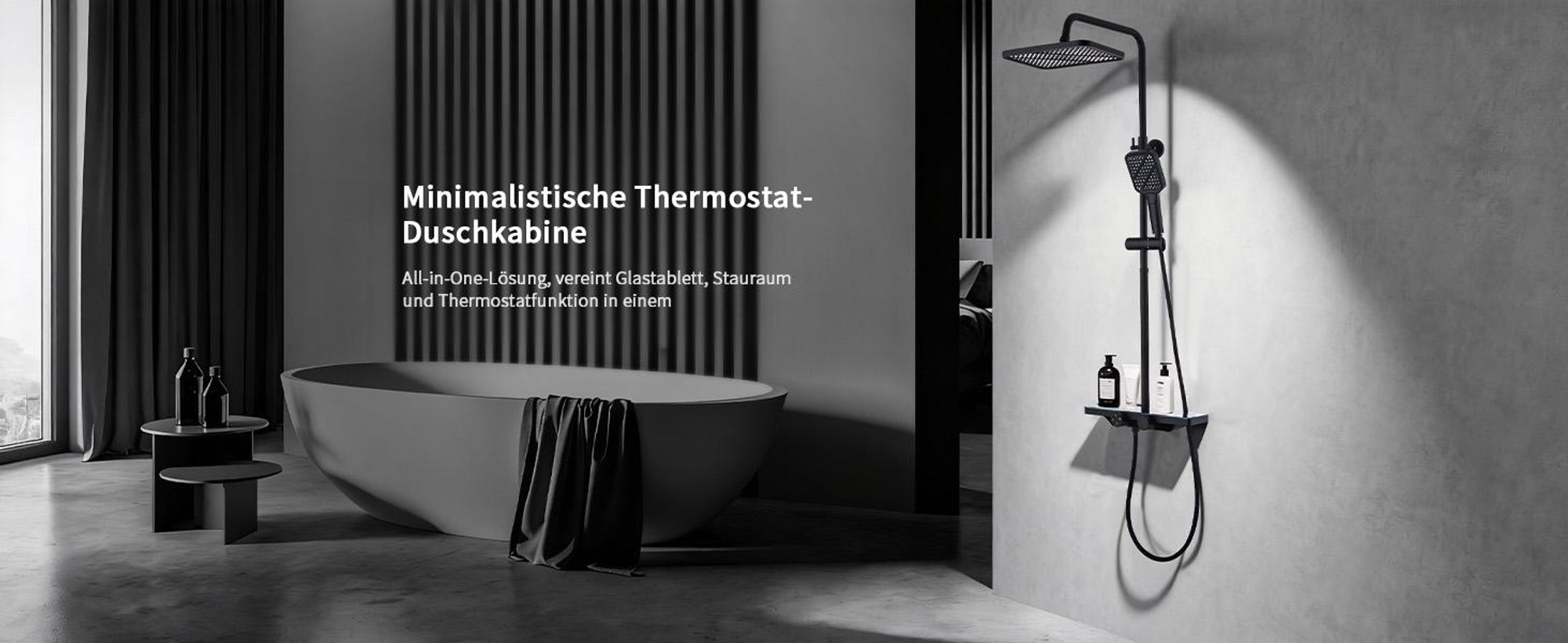Duschsystem mit Thermostat und Glasablage in Schwarz Matt,Brausegarnitur 3 Strahlart(en), 12 Zoll Regendusche, 3-Funktions-Handbrause