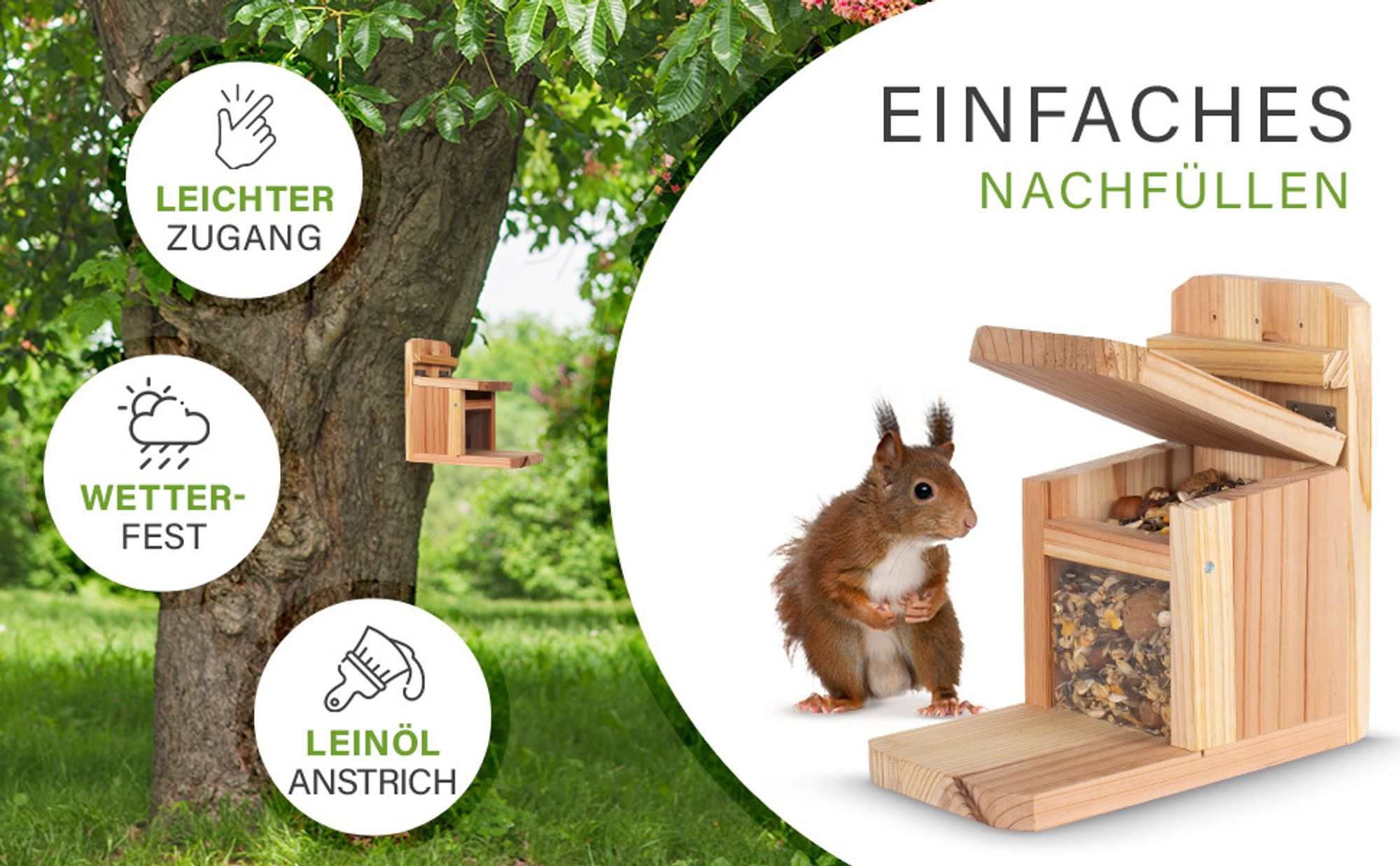Waldfunk Eichhörnchen Futterhaus  I Wetterfeste Futterstation aus verschraubtem Massiv-Holz I mit Leinöl Behandlung - für Eichhörnchenfutter