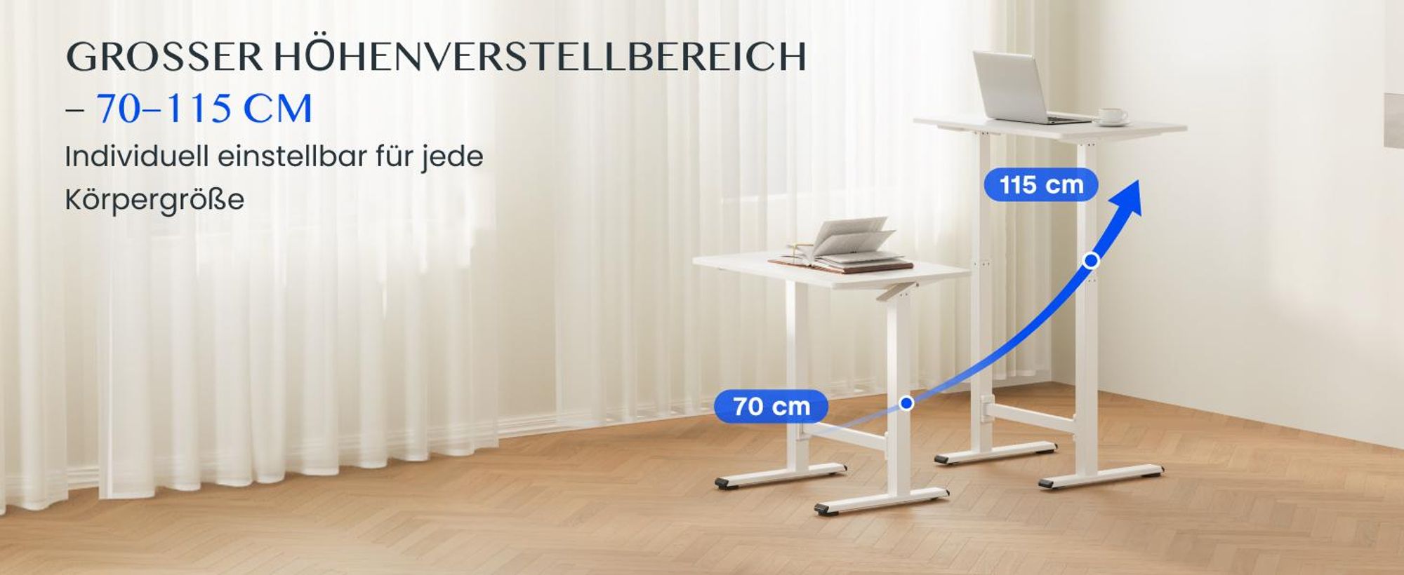 FLEXISPOT Gasfeder Höhenverstellbarer Schreibtisch 80×50 cm – stufenlos manuell verstellbar, Steh-Sitz-Tisch ohne Strom, mobil mit Rollen (Weiß)