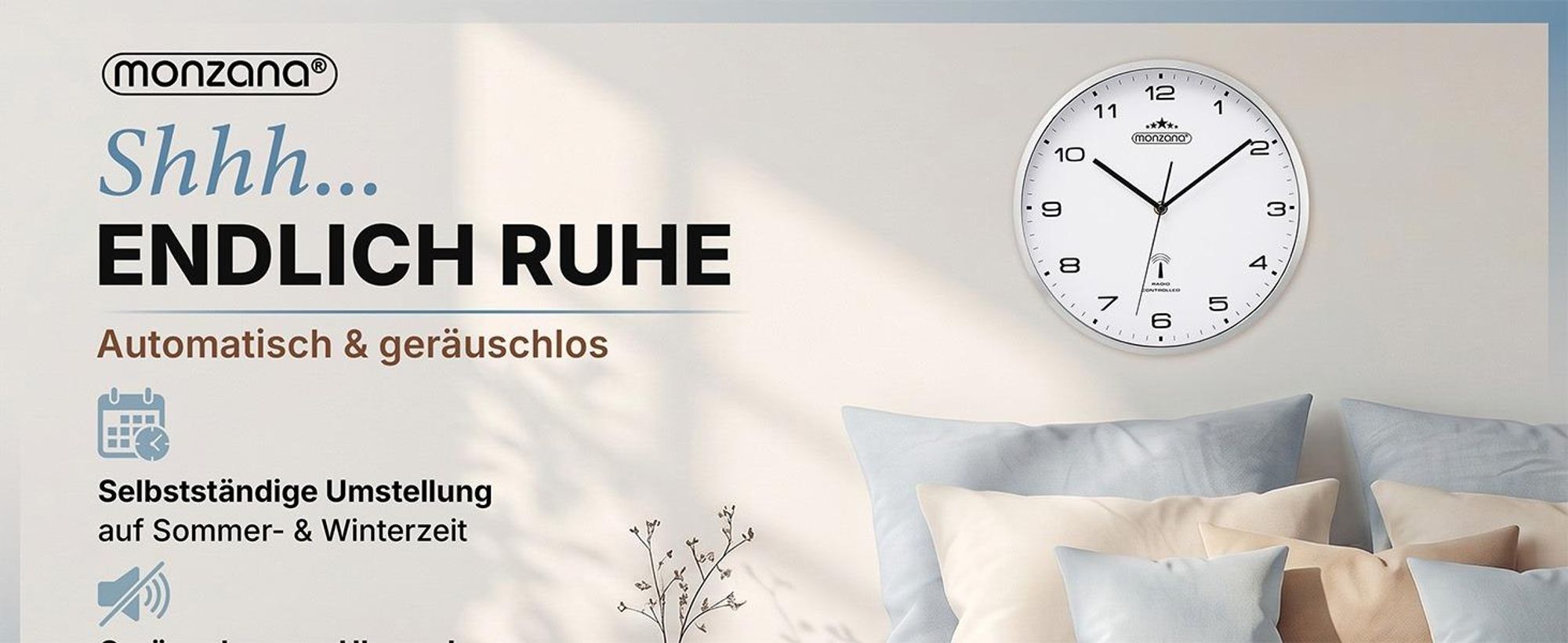 MONZANA Funkwanduhr Geräuscharm Schwarz Weiß 31cm Groß