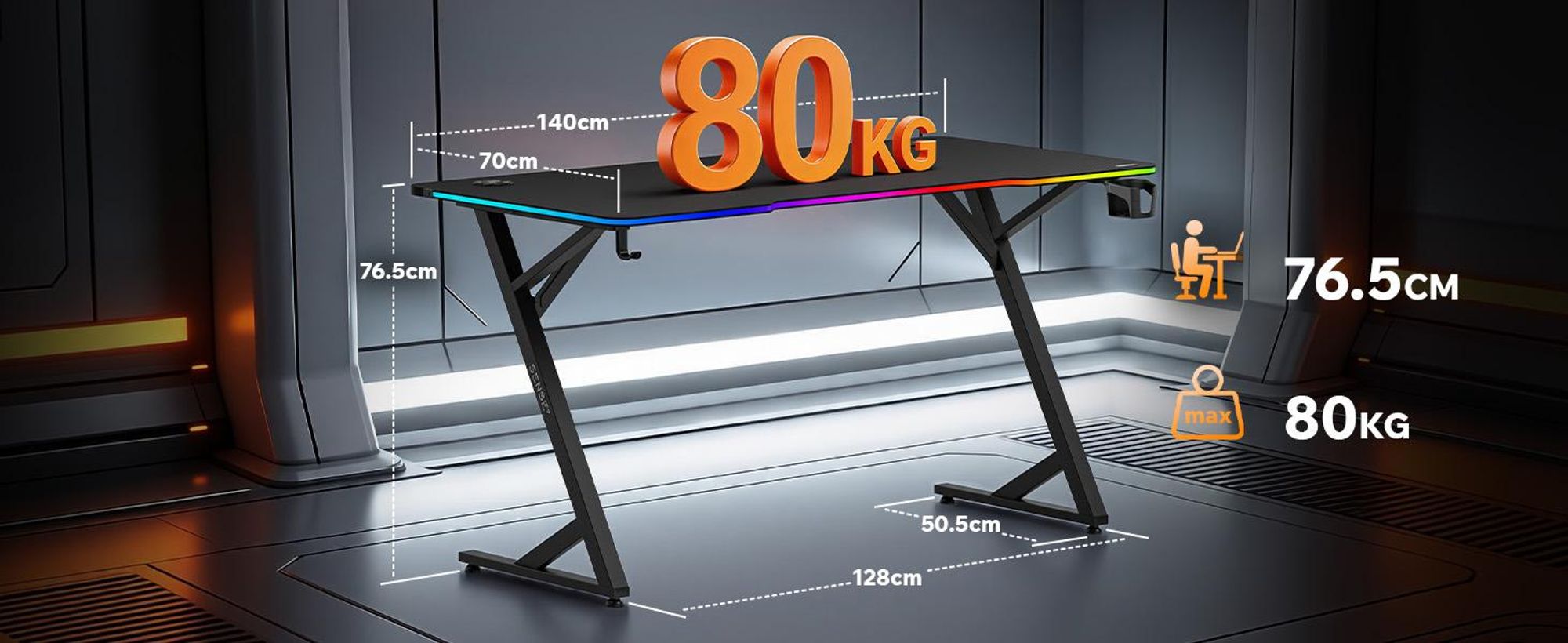 Sense7 VOLT RGB Gaming Schreibtisch 140x70 cm Schwarz Computertisch mit LED Beleuchtung PC Tisch groß Carbon Optik Gamer Tisch Home Office