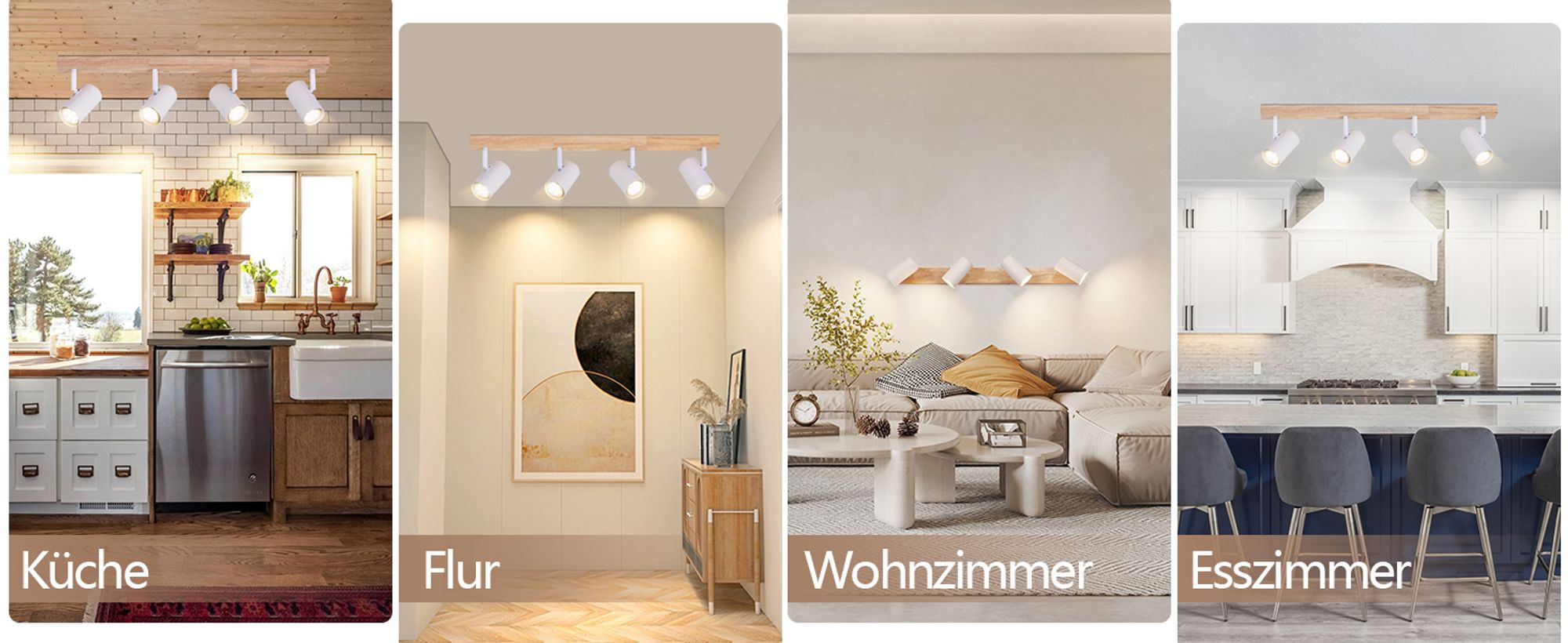 ZMH Deckenstrahler 4 Flammig Deckenspots Holz Deckenlampe Weiß GU10 Flurlampe Vintage Schwenkbar 350° Deckenleuchte Wohnzimmer für Flur Schlafzimmer Kindzimmer Küche