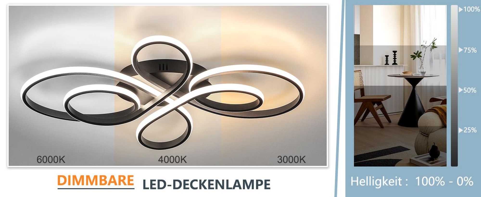 ZMH LED Deckenleuchte Schwarz Deckenlampe Dimmbar mit Fernbedienung 65W 66CM Moderne Kreative Lampe für Wohnzimmer Schlafzimmer Esszimmer Büro Küche