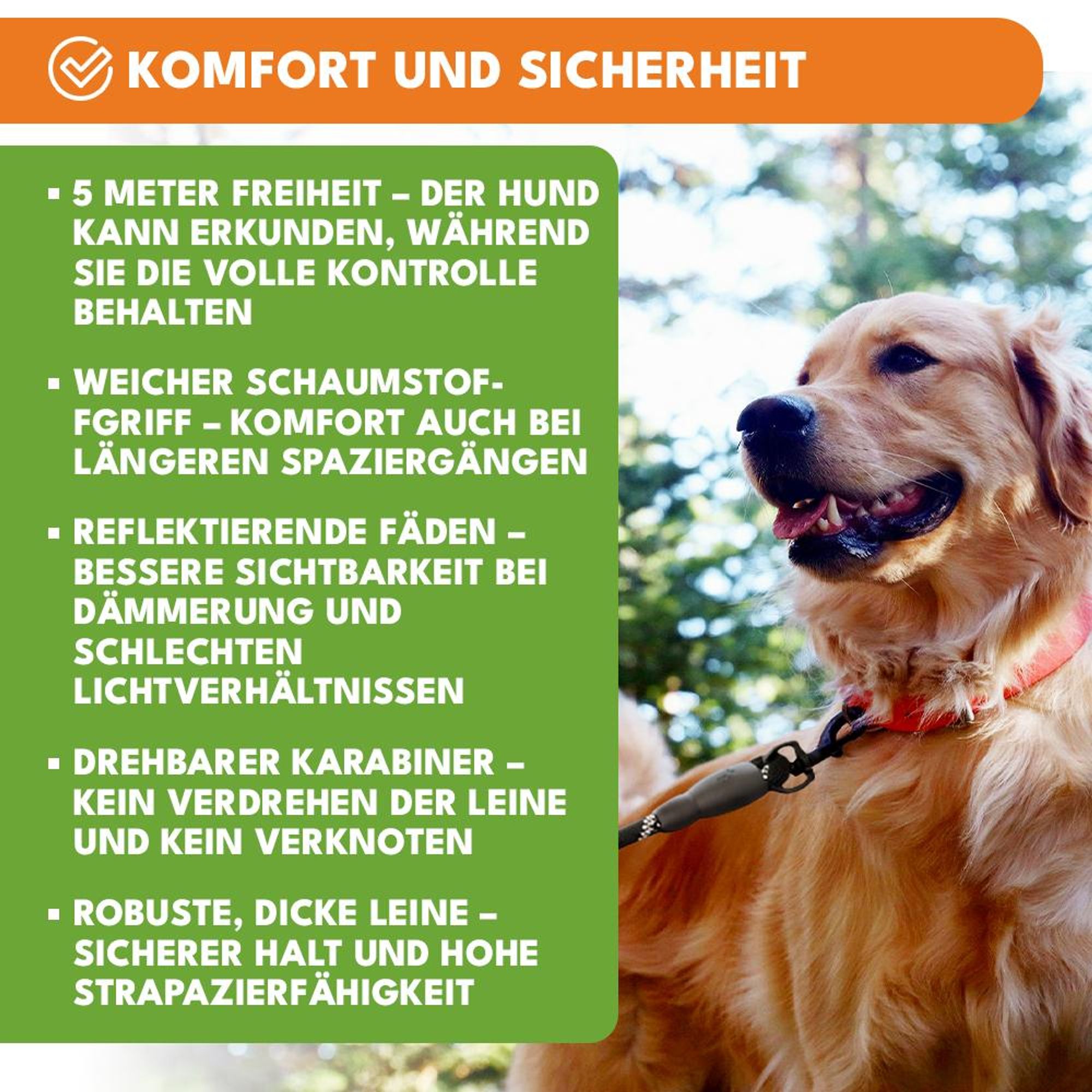 KRUMAD Hundeleine Trainingsleine 5 m, robuste Schleppleine aus Polyester mit gepolsterter Handschlaufe und stabilem Karabiner