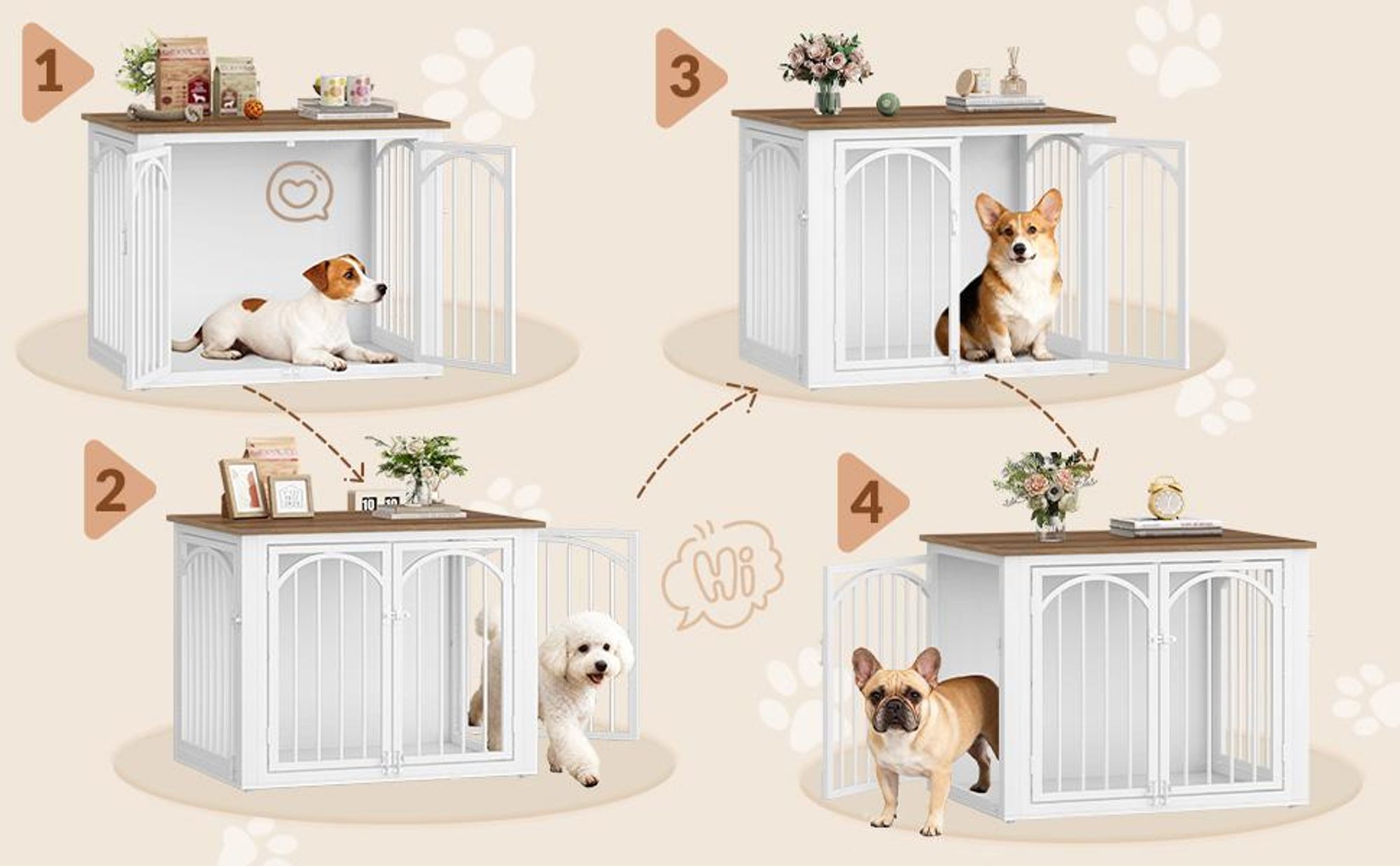 Hundekäfig Möbel, 80 x 60 x 63 cm, Braun und Weiß | Hundebox für Zuhause, 4 Türen, Moderne Hundebox Holz, Beistelltisch, für Kleine und Mittelgroße