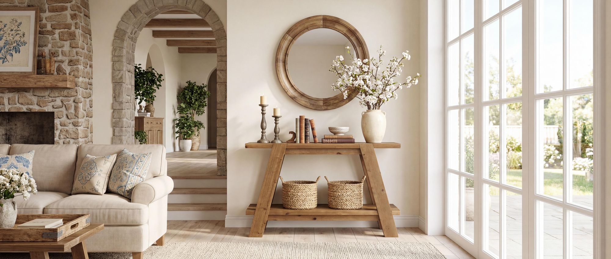 Konsolentisch, 110cm Beistelltisch aus Massivholz im Landhausstil, Eingangstisch mit zwei Ebenen, Flurtisch hinter dem Sofa für Wohnzimmer,Sofatisch