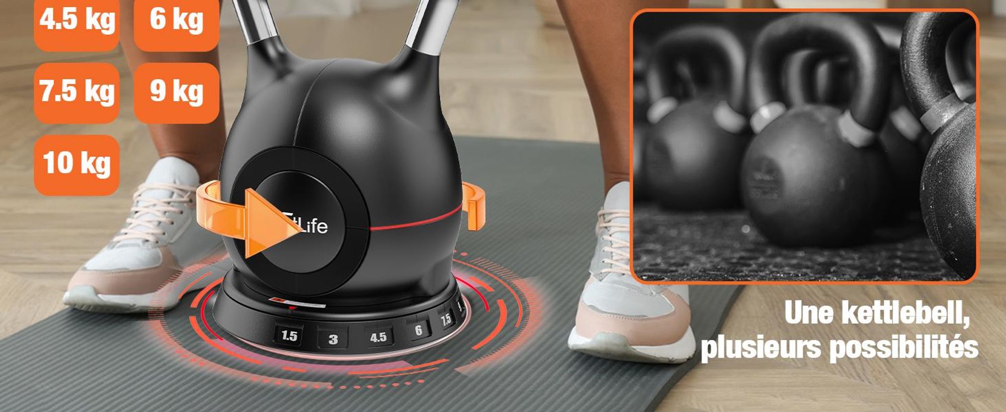 DH FitLife 7-en-1 Kettlebell réglable (1,5-10 kg), Haltère avec 7 niveaux de poids, Idéal pour l’entraînement du corps, Compact et Gain de place