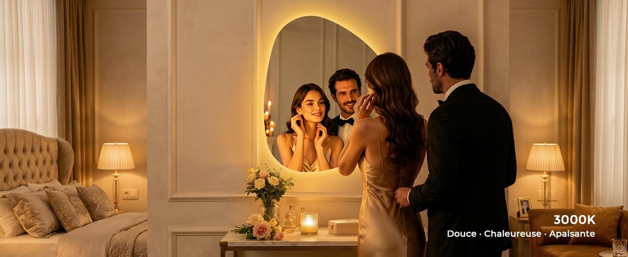 Miroir de salle de bain asymétrique AFIELINA avec éclairage LED, 60 x 70 cm, sans cadre, 3 couleurs de lumière, variateur d'intensité, anti-buée, fonction mémoire