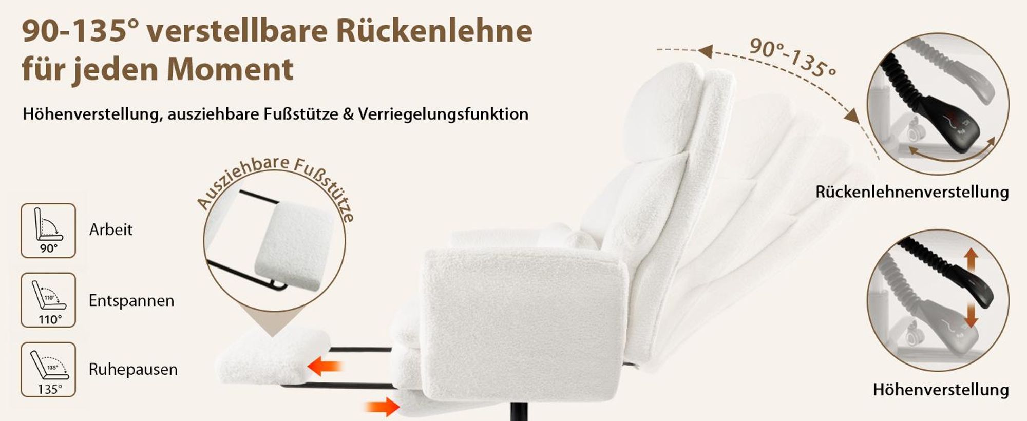Drehstuhl Bürostuhl Ergonomisch mit klappbaren Armlehnen, Gaming Stuhl mit Fußstütze & 135° Verstellbarer Rückenlehne, Weiß -Teddy-Fleece-Stoff