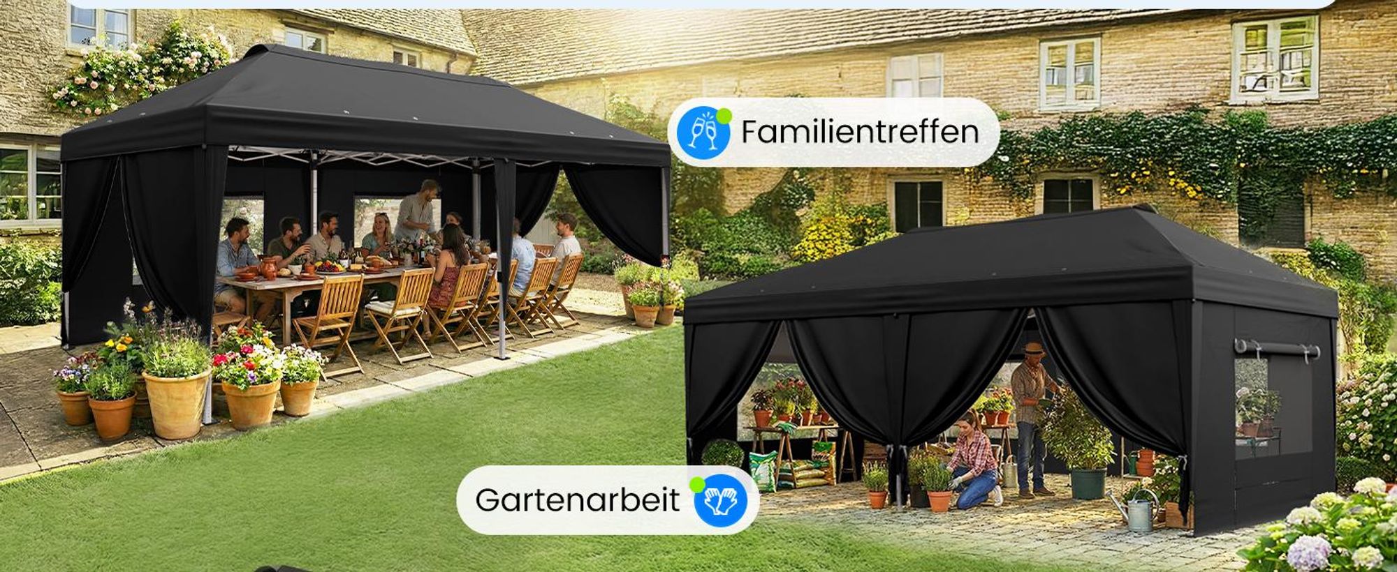 Quictent Pavillon 3x6m Faltpavillon EIN-Tasten-Zentralverriegelung,Wasserdicht UV-beständig, Gartenpavillon faltbar mit 6 Seitenwänden, Schwarz