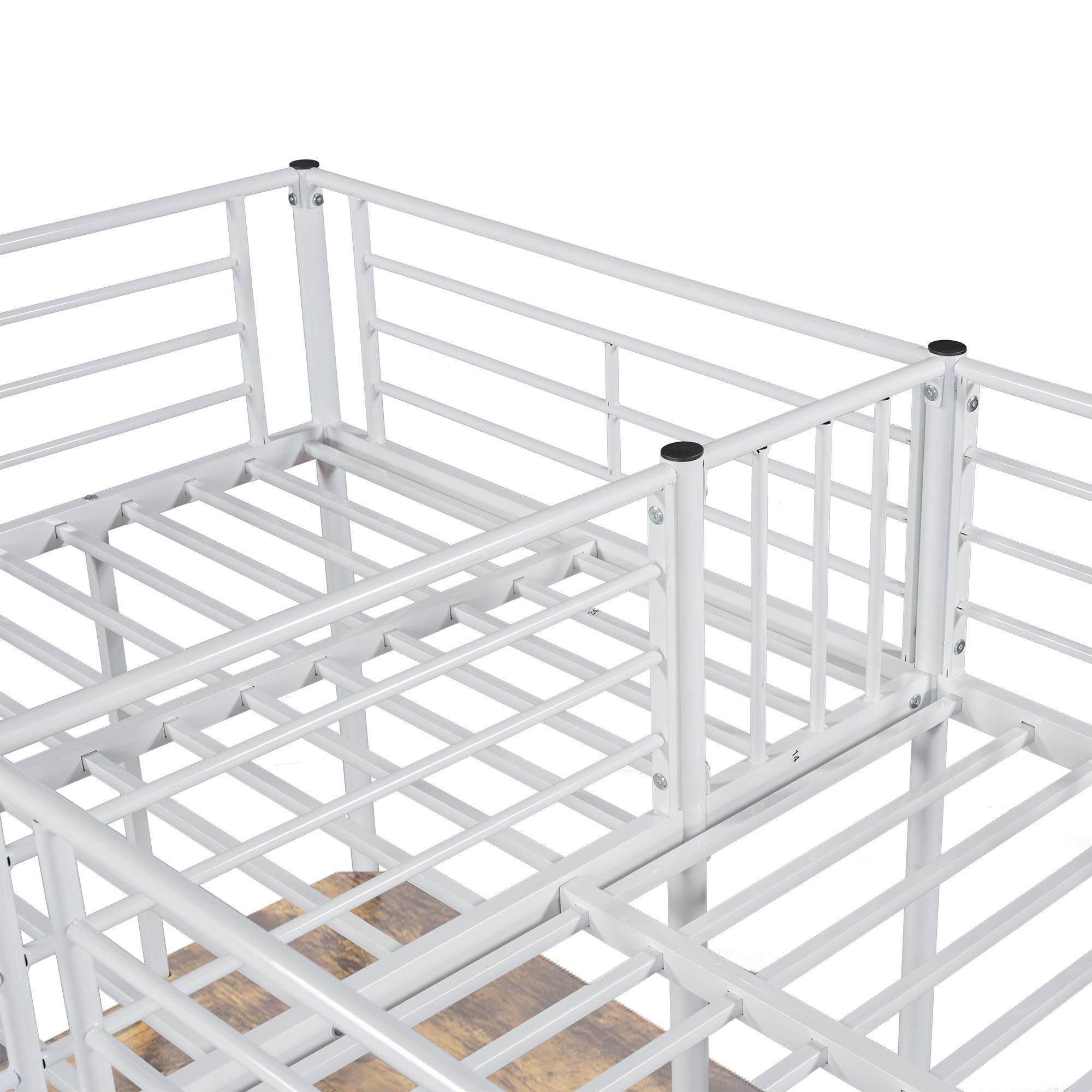 Merax Etagenbett Hochbett 90x200 cm, mit Tisch unter dem Bett, Doppeltreppe, hohes Geländer, 2 Etagenbetten, Metall Kinderbett, Jugendbett, Weiß