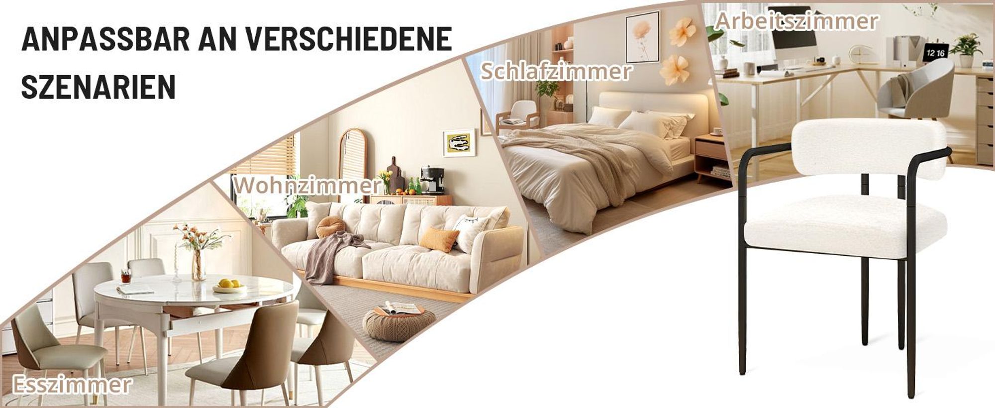 Puluomis Esszimmerstuhl mit Armlehnen 6er Set, Ergonomischer Küchenstühle mit gepolsterten Sitz, Teddyfleece Bezug, 120kg Tragfähigkeit weiß