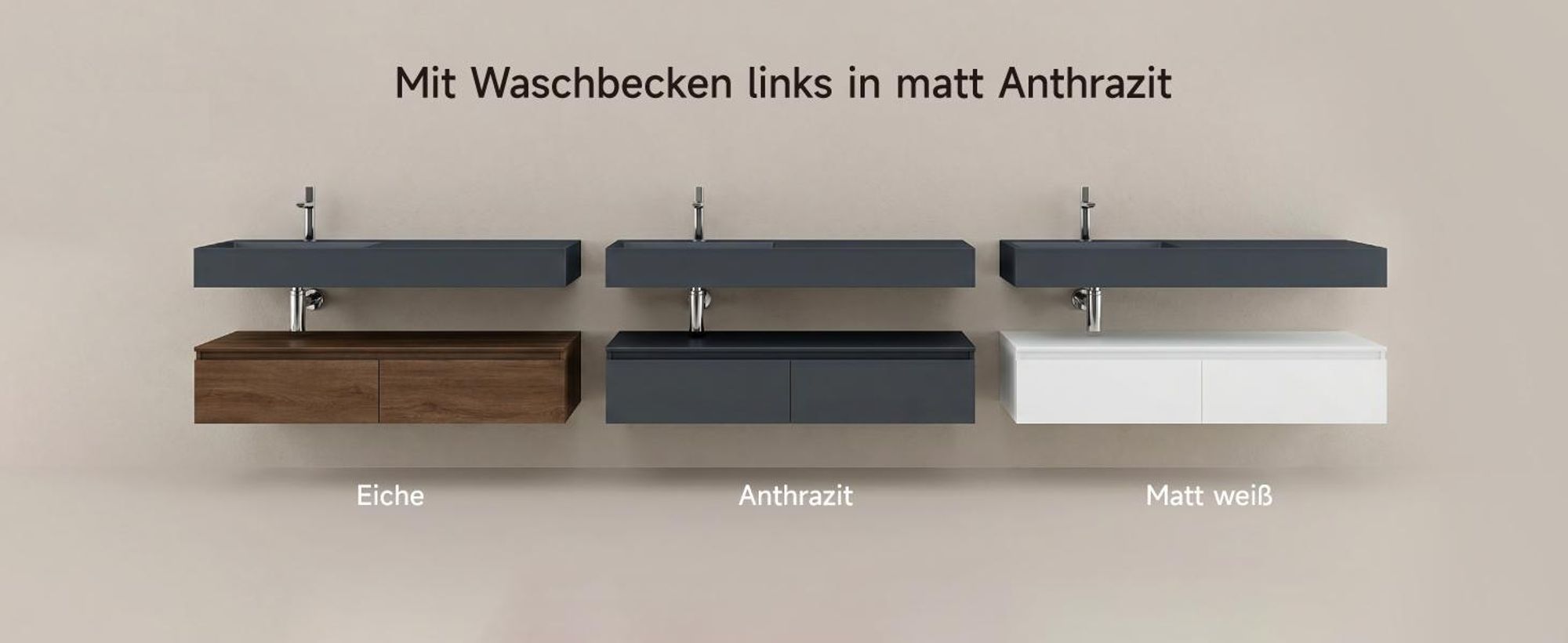 Mai & Mai Badmöbelset Waschtisch mit Unterschrank Eiche 150x48x25cm inkl. Mineralguss-Waschbecken in matt Anthrazit und LED-Badspiegel UP