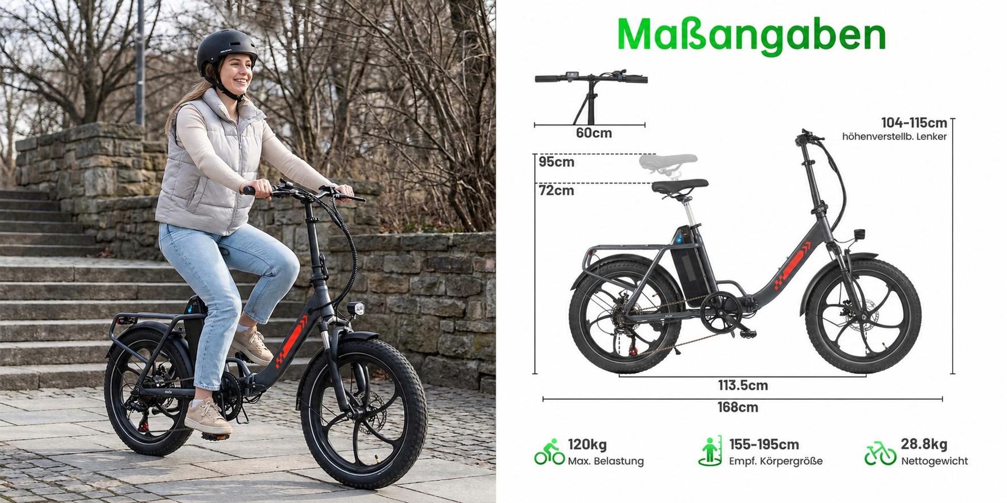 Draixcor E-Bike Klapprad 20 Zoll faltbar, 48V 20Ah 960Wh, bis 150 km, 250W Heckmotor, Shimano 7-Gang, Scheibenbremsen, Tiefeinstieg, Pedelec Citybike