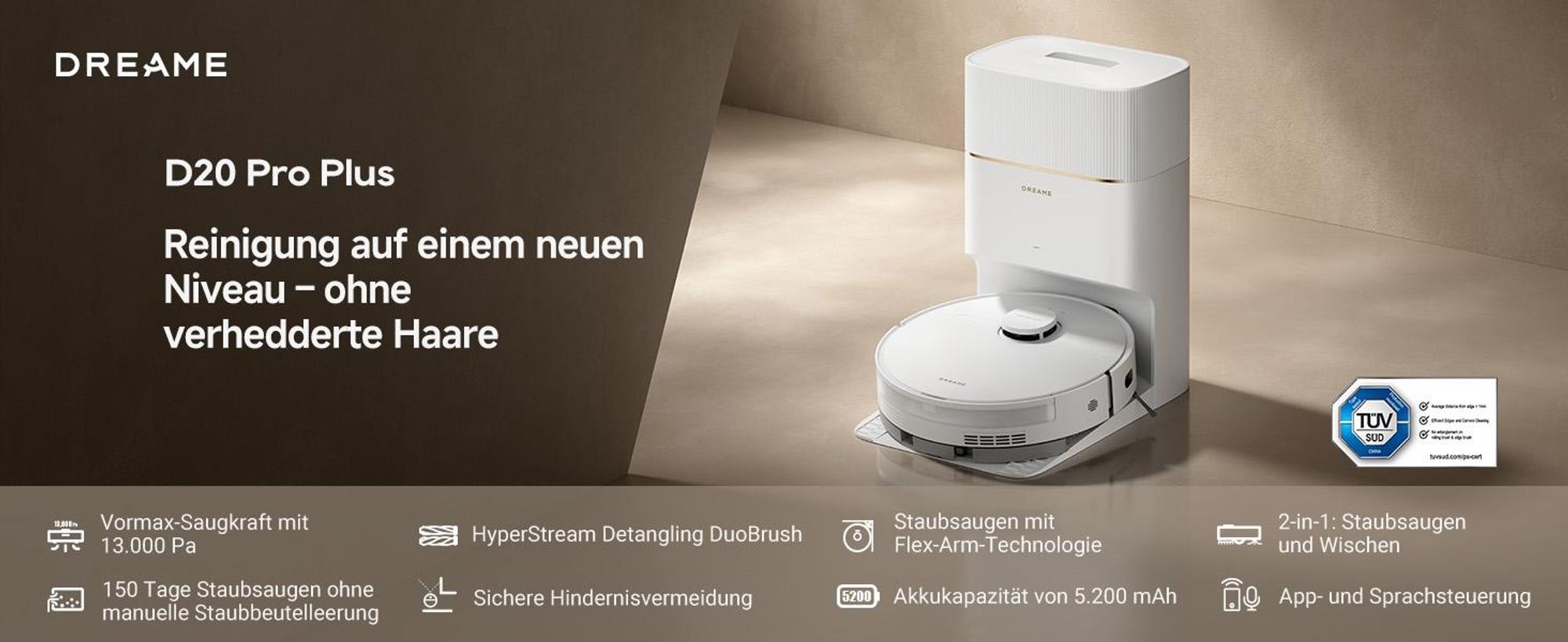Dreame D20ProPlus Staubsauger Roboter mit Wischfunktion&Hebemopp,13KPa Saugkraft,LDS-Navigation,DuoRoller Bürste,Eckenrein,Selbstentl,All-in-One Dock
