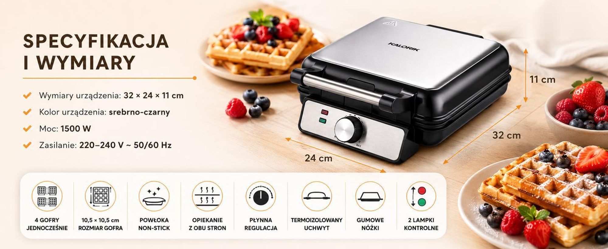 Gofrownica Kalorik 4 chrupiące gofry Regulowany termostat  1500 W