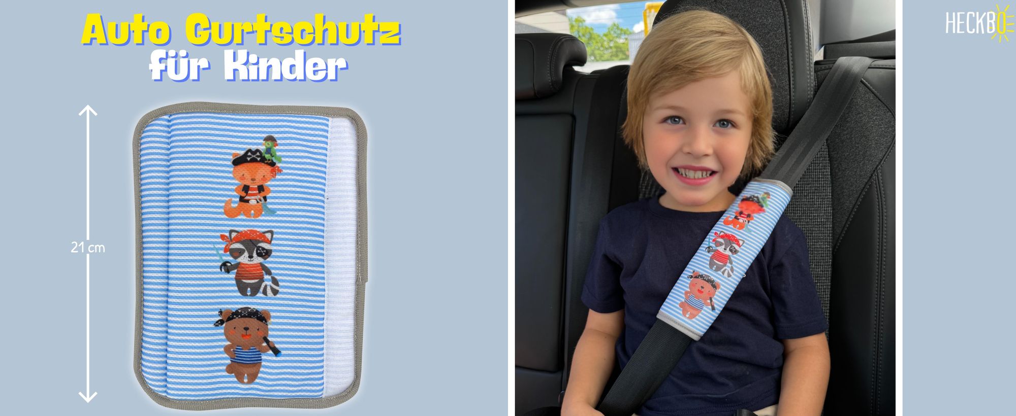 1x HECKBO Auto Gurtschutz mit Piraten Tieren - Sicherheitsgurt Schulterpolster Schulterkissen Gurtschoner Autositze Gurtpolster für Kinder, Jungen Mädchen - Schutz vor Einschneiden des Gurtes