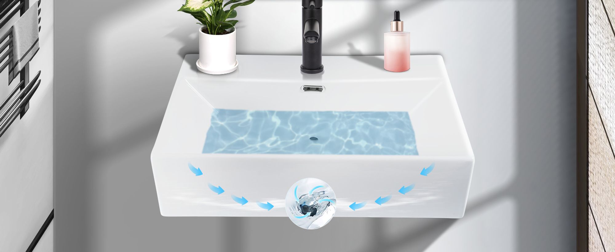ZMH Waschbecken Keramik 60 × 42 × 15 cm Aufsatzwaschbecken rechteckig Hängewaschbecken mit hahnloch Hängewaschtisch für Bad Gäste WC Waschtisch
