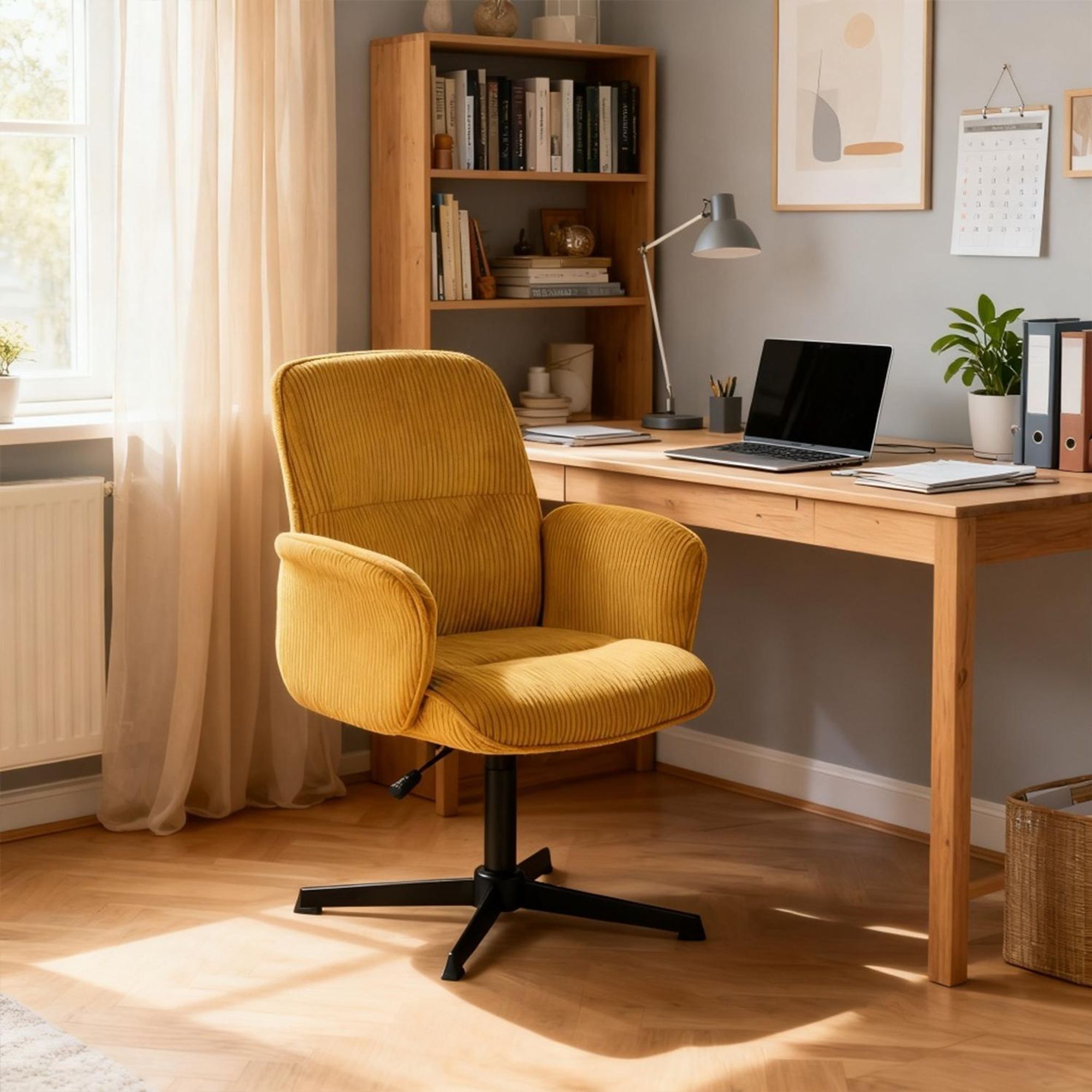 Meubles Cosy Ergonomischer verstellbarer Drehstuhl mit Armlehnen aus gelbem Cord – THOMASINA