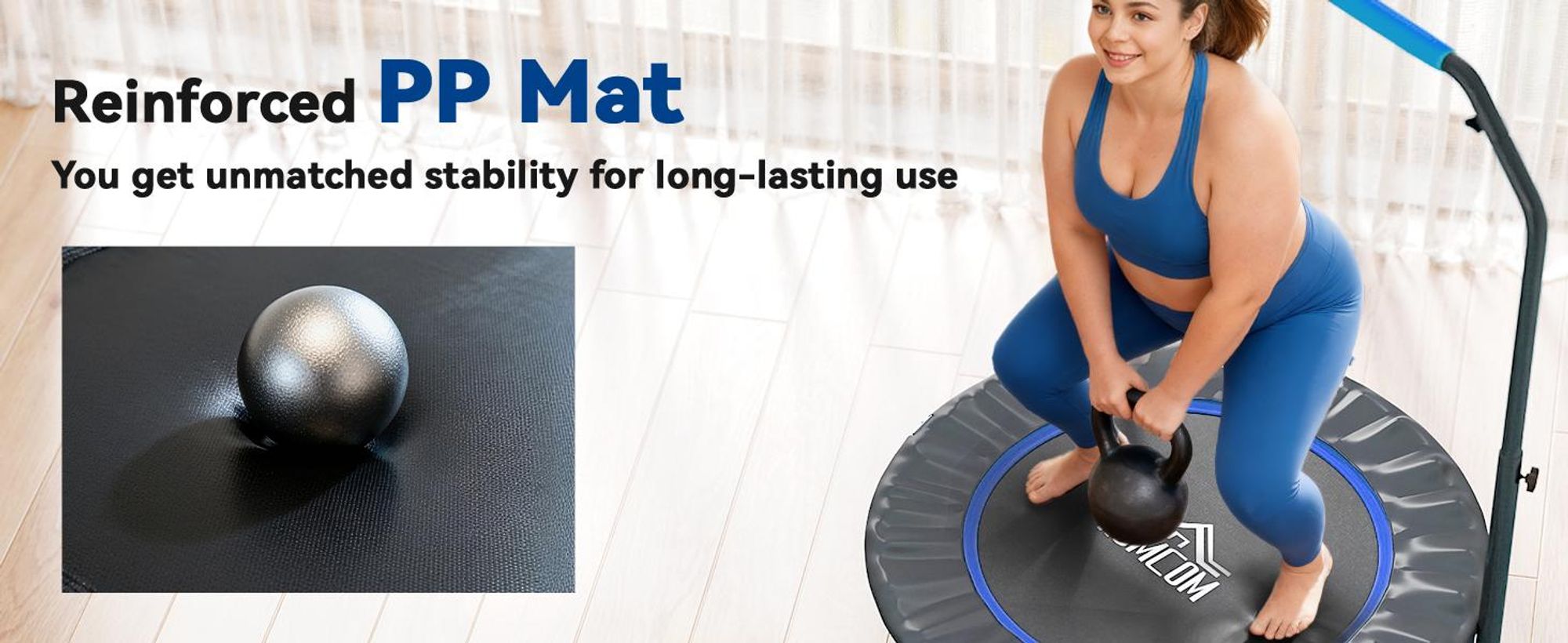 Trampolina fitness HOMCOM 102 cm, składana mini trampolina z uchwytem o czterech regulowanych wysokościach, trampolina fitness dla dorosłych, do 100 kg, czarno-niebieska